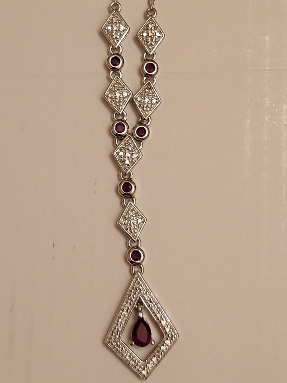 Elegant Art Deco Inspired Natural Ruby & Sterling Silver Y-Necklace - Picture 6 of 9